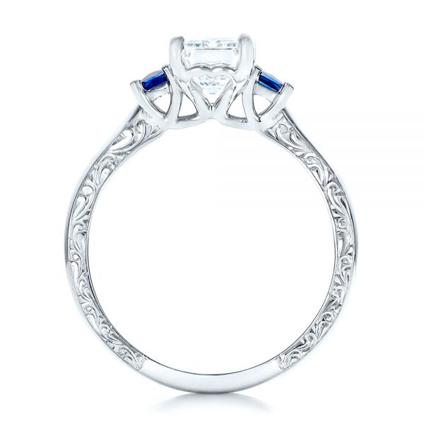 18k White Gold Custom Three Stone Blue Sapphire And Diamond Engagement Ring - Front View -  102348