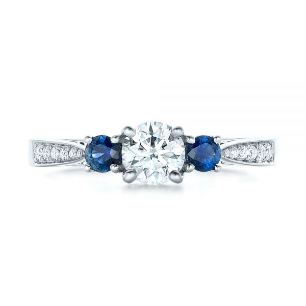  Platinum Platinum Custom Three Stone Blue Sapphire And Diamond Engagement Ring - Top View -  102250