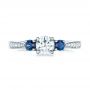 14k White Gold Custom Three Stone Blue Sapphire And Diamond Engagement Ring - Top View -  102250 - Thumbnail