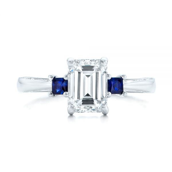 18k White Gold Custom Three Stone Blue Sapphire And Diamond Engagement Ring - Top View -  102348