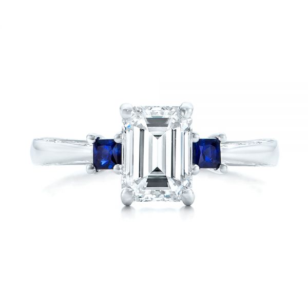 14k White Gold 14k White Gold Custom Three Stone Blue Sapphire And Diamond Engagement Ring - Top View -  102348