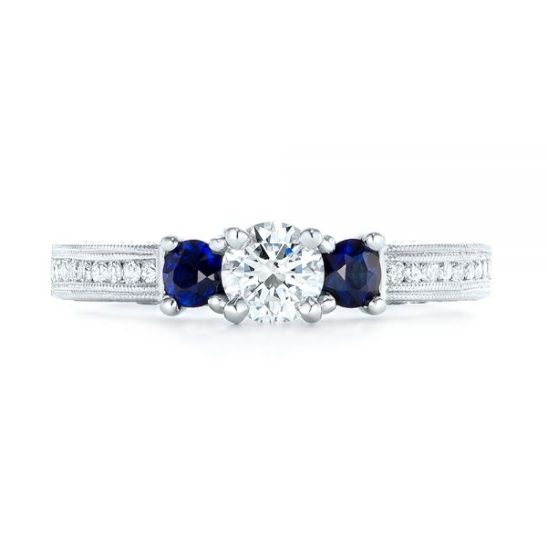 14k White Gold 14k White Gold Custom Three Stone Blue Sapphire And Diamond Engagement Ring - Top View -  102926
