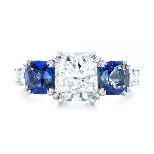  Platinum Custom Three Stone Blue Sapphire And Diamond Engagement Ring - Top View -  102972