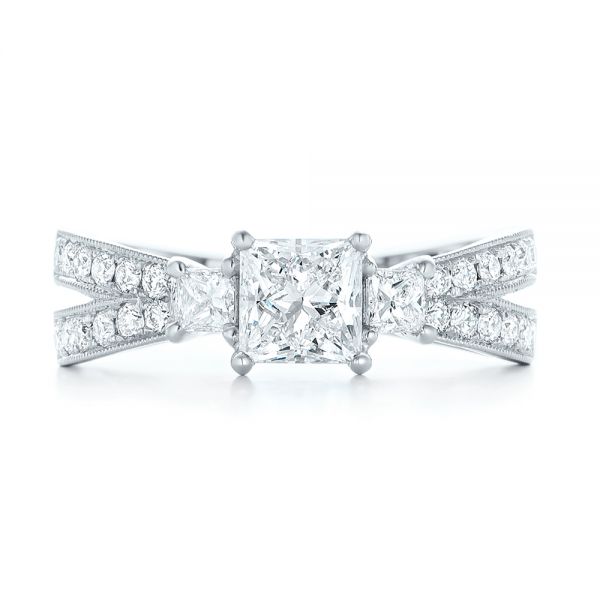  Platinum Custom Three Stone Diamond Engagement Ring With Blue Sapphires - Top View -  102992