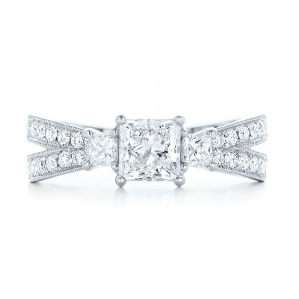 14k White Gold 14k White Gold Custom Three Stone Diamond Engagement Ring With Blue Sapphires - Top View - 102992