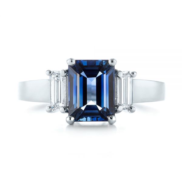  Platinum Custom Three Stone Blue Sapphire And Diamond Engagement Ring - Top View -  103468