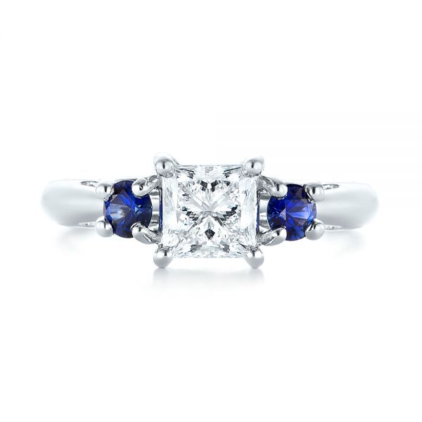 18k White Gold 18k White Gold Custom Three Stone Blue Sapphire And Diamond Engagement Ring - Top View -  103484
