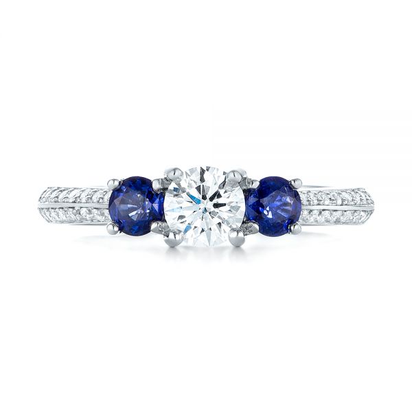 18k White Gold 18k White Gold Custom Three Stone Blue Sapphire And Diamond Engagement Ring - Top View -  103490