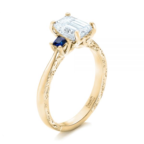 18k Yellow Gold 18k Yellow Gold Custom Three Stone Blue Sapphire And Diamond Engagement Ring - Three-Quarter View -  102348