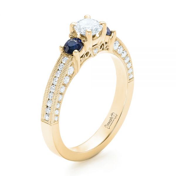 14k Yellow Gold 14k Yellow Gold Custom Three Stone Blue Sapphire And Diamond Engagement Ring - Three-Quarter View -  102926