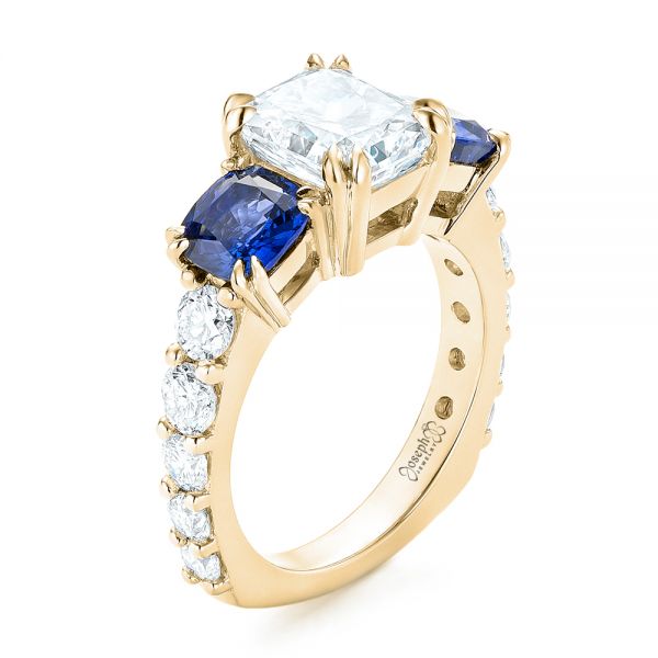 18k Yellow Gold 18k Yellow Gold Custom Three Stone Blue Sapphire And Diamond Engagement Ring - Three-Quarter View -  102972