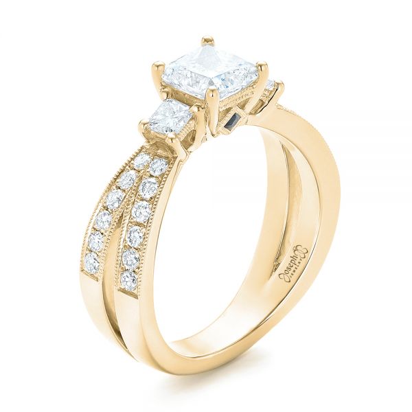 18k Yellow Gold 18k Yellow Gold Custom Three Stone Diamond Engagement Ring With Blue Sapphires - Three-Quarter View -  102992