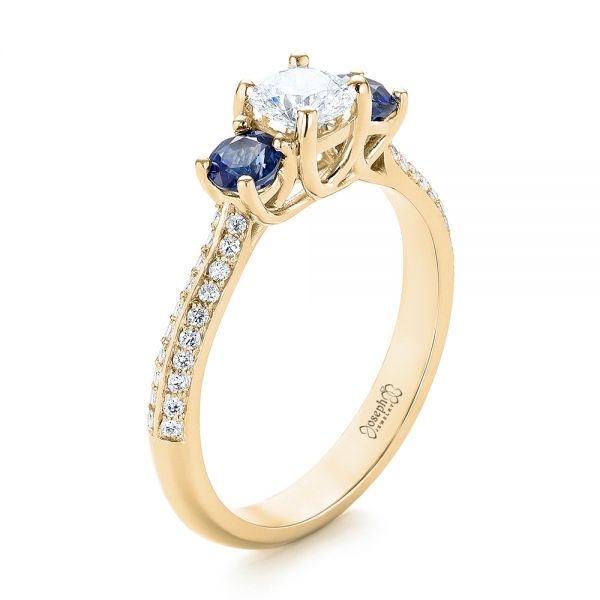 18k Yellow Gold 18k Yellow Gold Custom Three Stone Blue Sapphire And Diamond Engagement Ring - Three-Quarter View -  103490