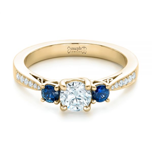 18k Yellow Gold 18k Yellow Gold Custom Three Stone Blue Sapphire And Diamond Engagement Ring - Flat View -  102250