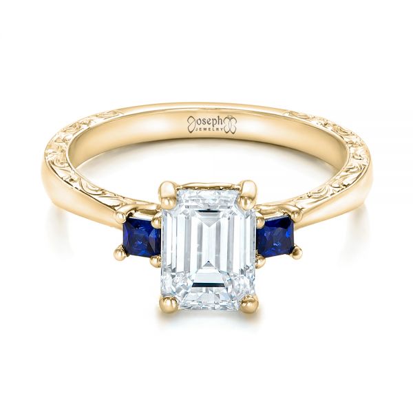 18k Yellow Gold 18k Yellow Gold Custom Three Stone Blue Sapphire And Diamond Engagement Ring - Flat View -  102348