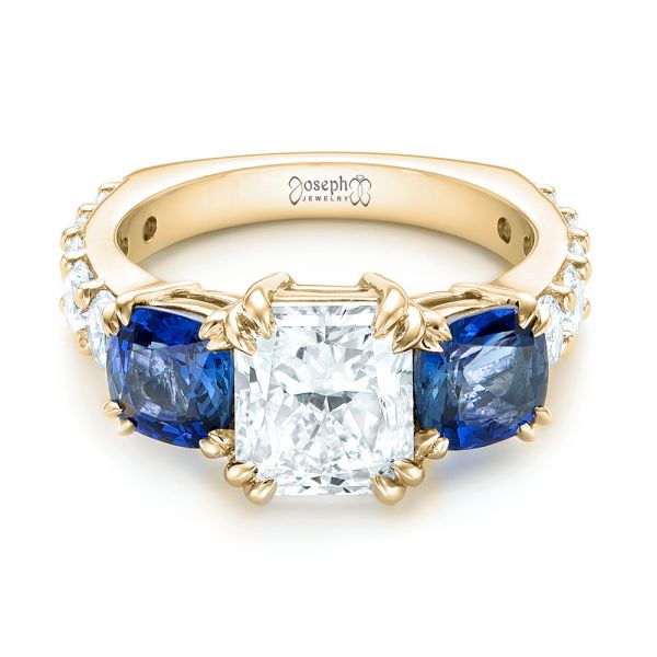 18k Yellow Gold 18k Yellow Gold Custom Three Stone Blue Sapphire And Diamond Engagement Ring - Flat View -  102972