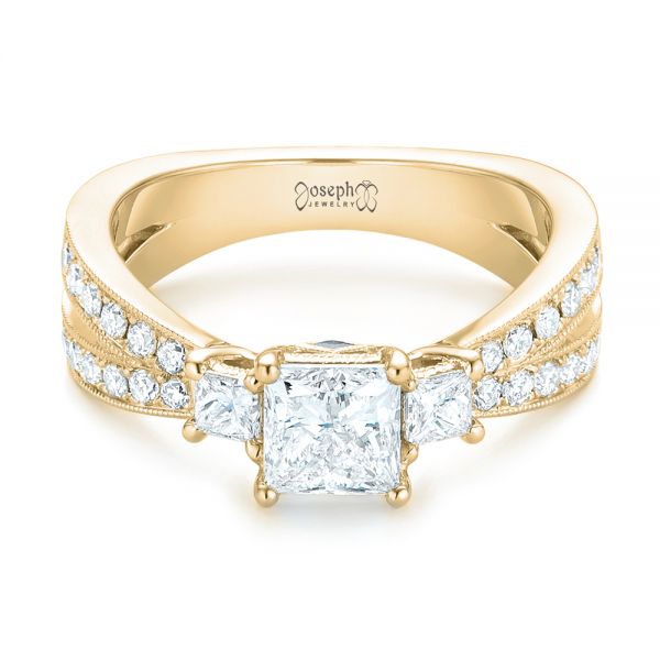 18k Yellow Gold 18k Yellow Gold Custom Three Stone Diamond Engagement Ring With Blue Sapphires - Flat View -  102992