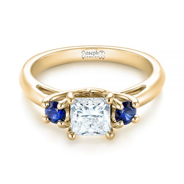 18k Yellow Gold 18k Yellow Gold Custom Three Stone Blue Sapphire And Diamond Engagement Ring - Flat View - 103484
