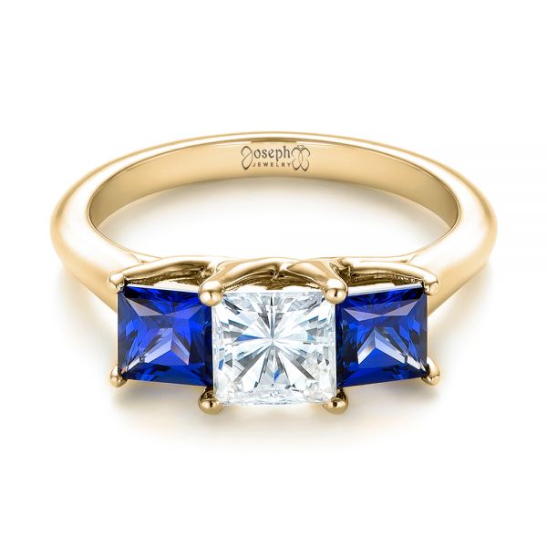18k Yellow Gold 18k Yellow Gold Custom Three Stone Blue Sapphire And Diamond Engagement Ring - Flat View -  103529