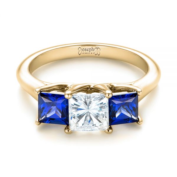 14k Yellow Gold 14k Yellow Gold Custom Three Stone Blue Sapphire And Diamond Engagement Ring - Flat View - 103529