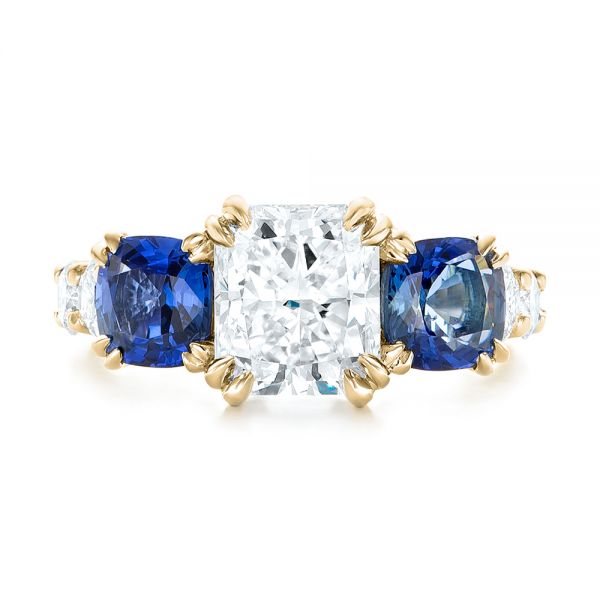 18k Yellow Gold 18k Yellow Gold Custom Three Stone Blue Sapphire And Diamond Engagement Ring - Top View -  102972