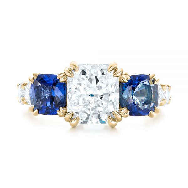 18k Yellow Gold 18k Yellow Gold Custom Three Stone Blue Sapphire And Diamond Engagement Ring - Top View - 102972