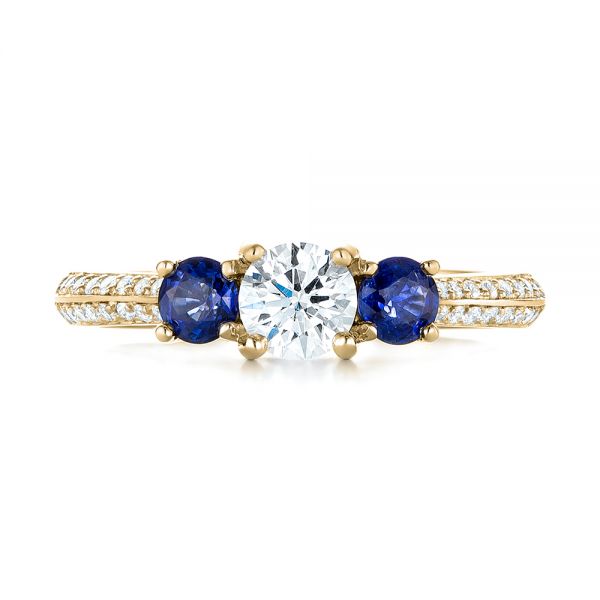 18k Yellow Gold 18k Yellow Gold Custom Three Stone Blue Sapphire And Diamond Engagement Ring - Top View -  103490