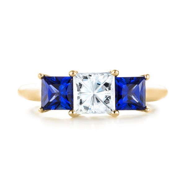 18k Yellow Gold 18k Yellow Gold Custom Three Stone Blue Sapphire And Diamond Engagement Ring - Top View -  103529