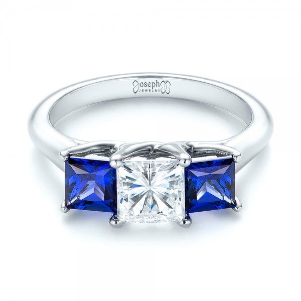 18k White Gold 18k White Gold Custom Three Stone Blue Sapphire And Diamond Engagement Ring - Flat View -  103529