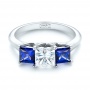 14k White Gold Custom Three Stone Blue Sapphire And Diamond Engagement Ring - Flat View -  103529 - Thumbnail