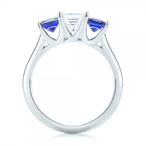 14k White Gold Custom Three Stone Blue Sapphire And Diamond Engagement Ring - Front View -  103529