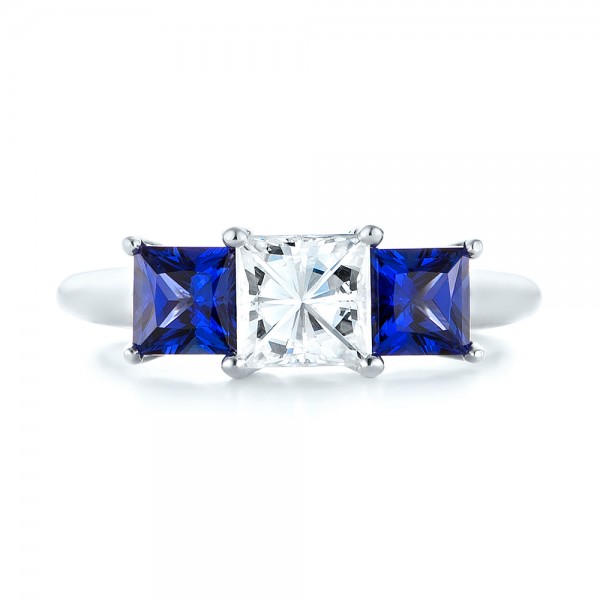 14k White Gold Custom Three Stone Blue Sapphire And Diamond Engagement Ring - Top View -  103529