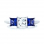 14k White Gold Custom Three Stone Blue Sapphire And Diamond Engagement Ring - Top View -  103529 - Thumbnail