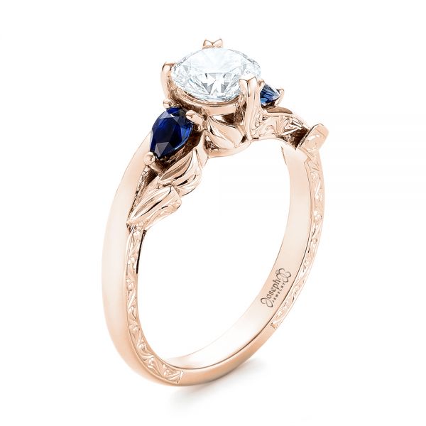 14k Rose Gold 14k Rose Gold Custom Three Stone Blue Sapphire And Diamond Hand Engraved Engagement Ring - Three-Quarter View -  103488