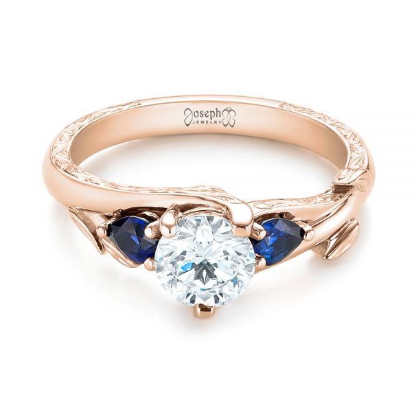 14k Rose Gold 14k Rose Gold Custom Three Stone Blue Sapphire And Diamond Hand Engraved Engagement Ring - Flat View -  103488