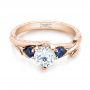 14k Rose Gold 14k Rose Gold Custom Three Stone Blue Sapphire And Diamond Hand Engraved Engagement Ring - Flat View -  103488 - Thumbnail