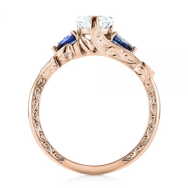 18k Rose Gold 18k Rose Gold Custom Three Stone Blue Sapphire And Diamond Hand Engraved Engagement Ring - Front View -  103488