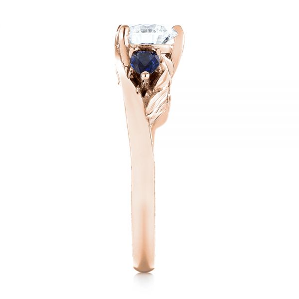 14k Rose Gold 14k Rose Gold Custom Three Stone Blue Sapphire And Diamond Hand Engraved Engagement Ring - Side View -  103488