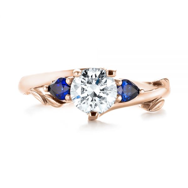 14k Rose Gold 14k Rose Gold Custom Three Stone Blue Sapphire And Diamond Hand Engraved Engagement Ring - Top View -  103488