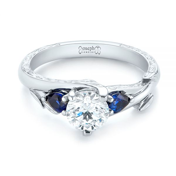  Platinum Platinum Custom Three Stone Blue Sapphire And Diamond Hand Engraved Engagement Ring - Flat View -  103488