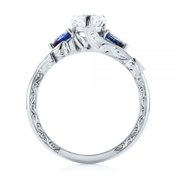  Platinum Platinum Custom Three Stone Blue Sapphire And Diamond Hand Engraved Engagement Ring - Front View -  103488