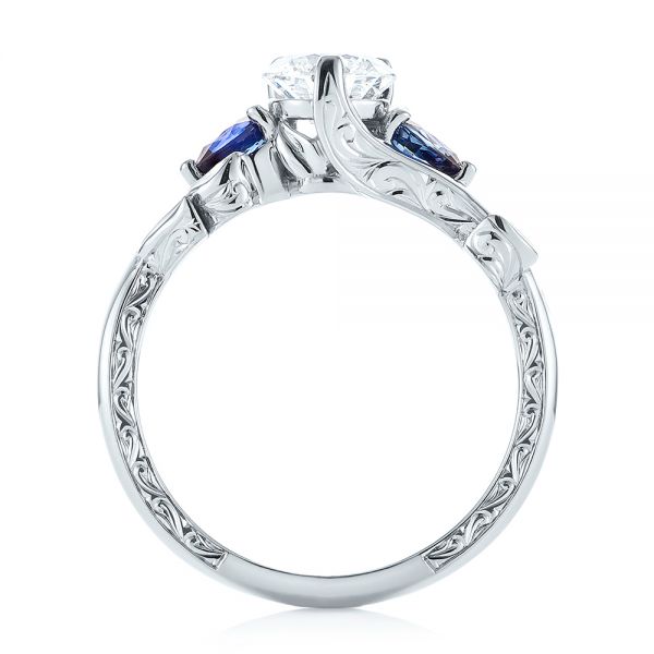 18k White Gold 18k White Gold Custom Three Stone Blue Sapphire And Diamond Hand Engraved Engagement Ring - Front View -  103488