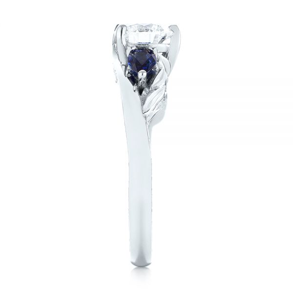 14k White Gold 14k White Gold Custom Three Stone Blue Sapphire And Diamond Hand Engraved Engagement Ring - Side View -  103488