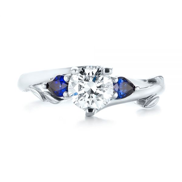 14k White Gold 14k White Gold Custom Three Stone Blue Sapphire And Diamond Hand Engraved Engagement Ring - Top View -  103488