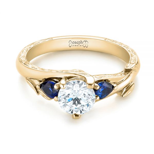 18k Yellow Gold 18k Yellow Gold Custom Three Stone Blue Sapphire And Diamond Hand Engraved Engagement Ring - Flat View -  103488