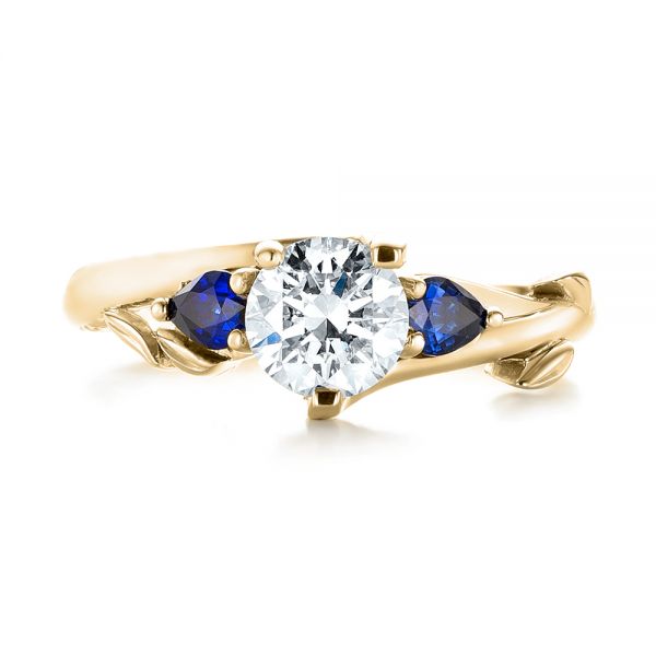 18k Yellow Gold 18k Yellow Gold Custom Three Stone Blue Sapphire And Diamond Hand Engraved Engagement Ring - Top View -  103488
