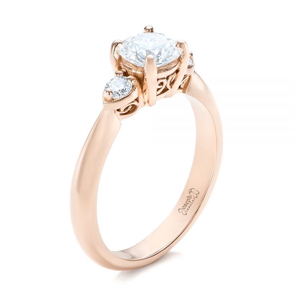 18k Rose Gold 18k Rose Gold Custom Three Stone Diamond Engagement Ring - Three-Quarter View -  102039