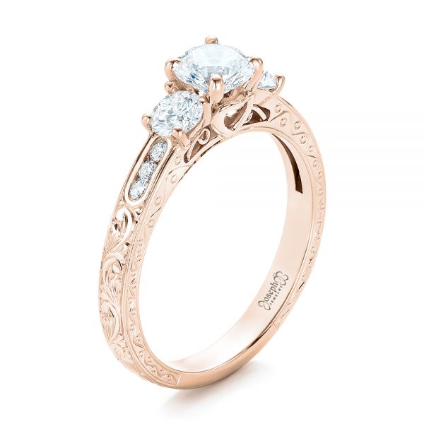 18k Rose Gold 18k Rose Gold Custom Three-stone Diamond Engagement Ring - Three-Quarter View -  102131