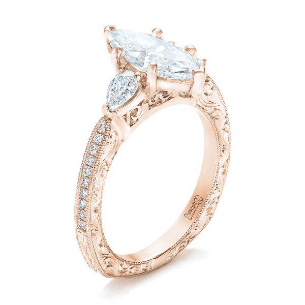 18k Rose Gold 18k Rose Gold Custom Three Stone Diamond Engagement Ring - Three-Quarter View -  102353