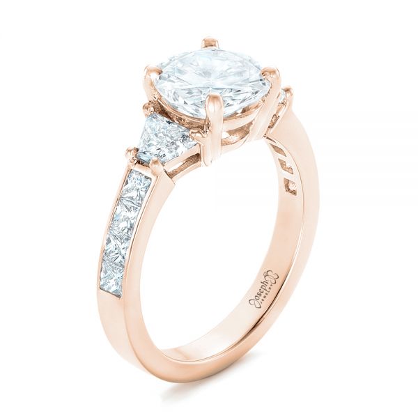 18k Rose Gold 18k Rose Gold Custom Three Stone Diamond Engagement Ring - Three-Quarter View -  102807